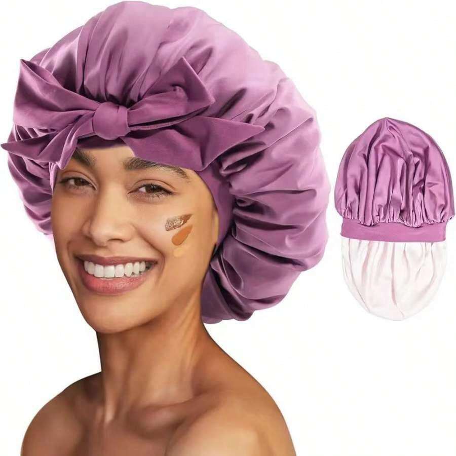 1 chiếc mũ trùm đầu bằng vải satin hai lớp có thể điều chỉnh, mũ ngủ bằng vải satin mềm mại, thoáng khí, mũ trùm đầu có thể sử dụng cho cả hai mặt như mũ trang điểm hoặc mũ chăm sóc tóc - Hoa hồng và hồng - Xem 1