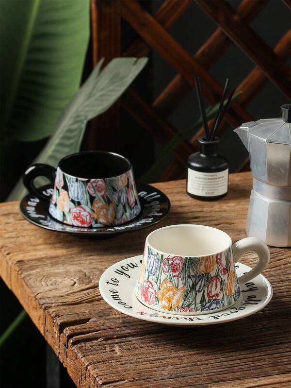1 Set Retro Watercolor Tulip Ceramic Coffee Cup And Saucer, 1 Cup 1 Saucer
