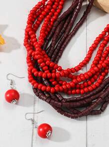 3 件非洲/波西米亚风格个性化夸张木珠项链 + 耳环套装手工多层毛衣链项链个性潮流时尚串珠多层珠宝项圈，适合女性秋冬季佩戴 - 彩色 - 查看 8