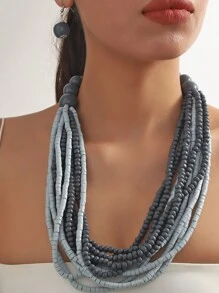 3 件非洲/波西米亚风格个性化夸张木珠项链 + 耳环套装手工多层毛衣链项链个性潮流时尚串珠多层珠宝项圈，适合女性秋冬季佩戴 - 彩色 - 查看 6