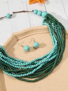 3 件非洲/波西米亚风格个性化夸张木珠项链 + 耳环套装手工多层毛衣链项链个性潮流时尚串珠多层珠宝项圈，适合女性秋冬季佩戴 - 彩色 - 查看 10