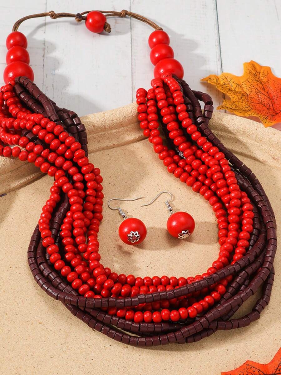 3 件非洲/波西米亚风格个性化夸张木珠项链 + 耳环套装手工多层毛衣链项链个性潮流时尚串珠多层珠宝项圈，适合女性秋冬季佩戴 - 彩色 - 查看 1