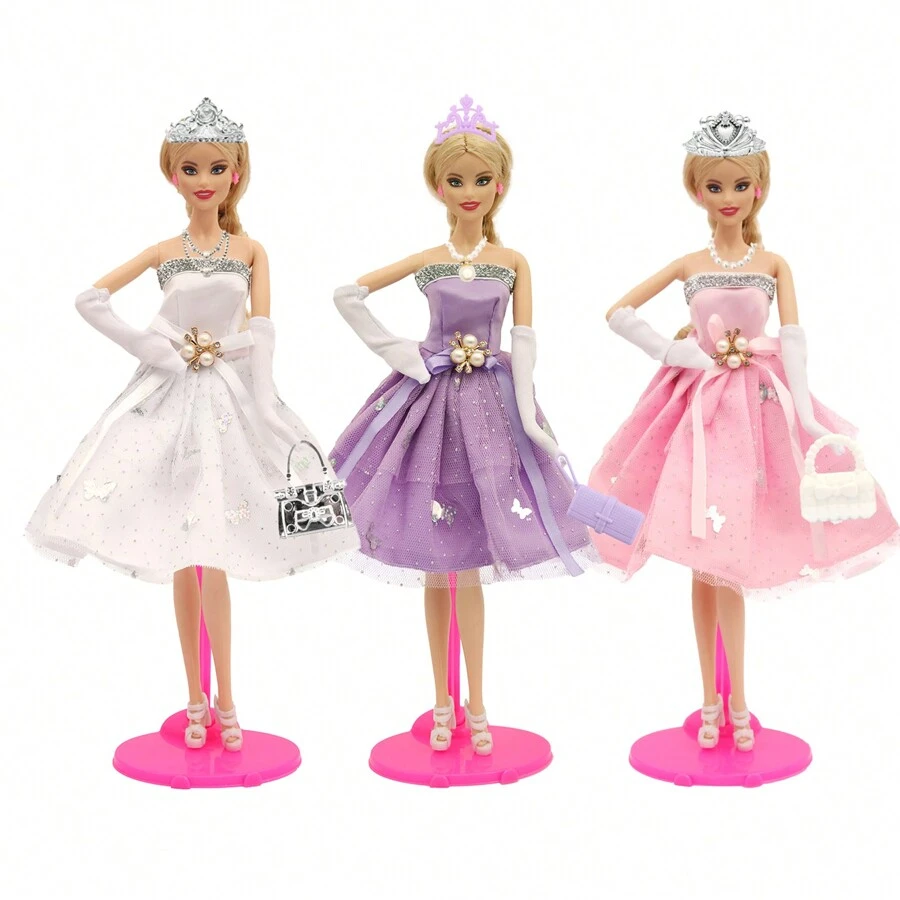6 món/bộ 11,5 inch trang phục công chúa hoàng gia dự tiệc/sinh nhật trang trọng, 1 váy + 1 đôi giày + 1 túi + 1 vương miện + 1 vòng cổ + 1 bông tai (không bao gồm búp bê) - nhiều màu - Xem 1