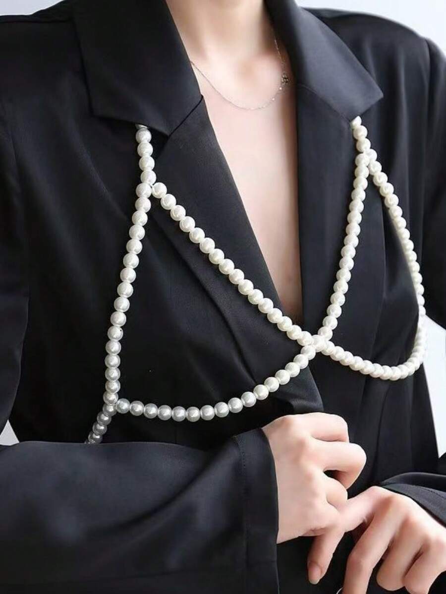 1 chiếc Bikini Sexy Pearl Criss-Cross Bra Chain, Bikini cỡ lớn có thể điều chỉnh, Thắt lưng xích eo hình sao biển bãi biển, Trang sức bụng cho tiệc nghỉ dưỡng bãi biển, Phù hợp với phụ nữ và trẻ em gái - trắng - Xem 1