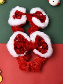 2 件红色闪光蝴蝶结发圈和白色蓬松毛绒修剪发圈，节日/圣诞节发饰 - 紅色 - 查看 1