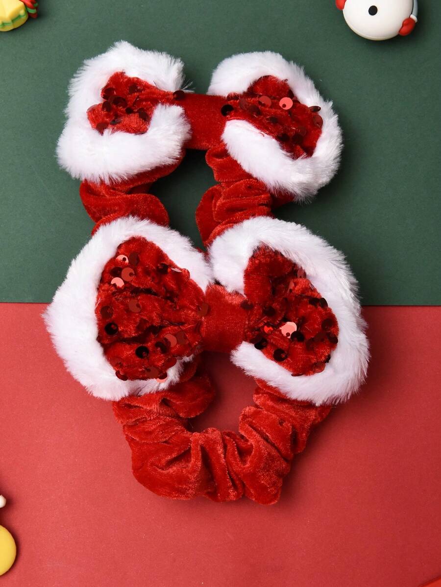 2 件红色闪光蝴蝶结发圈和白色蓬松毛绒修剪发圈，节日/圣诞节发饰 - 紅色 - 查看 1