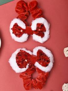 2 件红色闪光蝴蝶结发圈和白色蓬松毛绒修剪发圈，节日/圣诞节发饰 - 紅色 - 查看 9