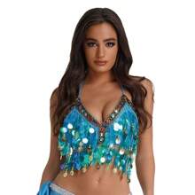 1pc Colorful Sequins Chest Wrapped Belly Dance Bra, Copper Gong Colored Diamond Stage Performance Top