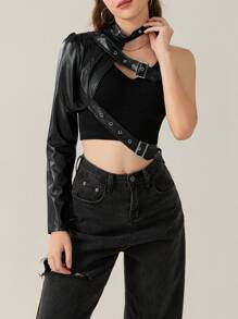 Women Punk Style Crop Tops, Cool Single Long Sleeve Neck Hanger Leather Belt Connected Tops, Women Clothing - Negro - Ver 8
