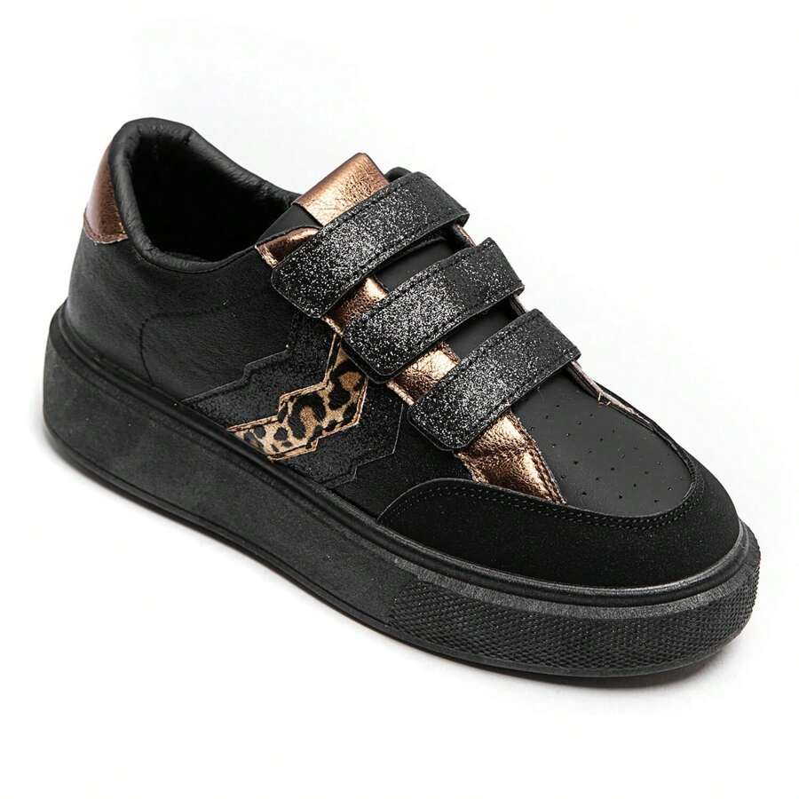 Comfortable Women's Hook And Loop Sneakers With Metallic Details And Original Patterns - Black - View 1