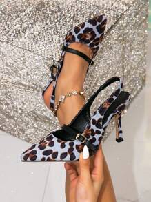 Fashion Women's Pointed Toe High Heel Pumps With Metallic Leopard Print Decorative Buckle, Suitable For Daily, Party, Event