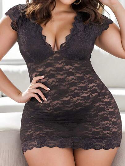 Women's Plus Size Chemise Floral Lace Sexy Lingerie Bodysuit Mesh Babydoll Sleepwear