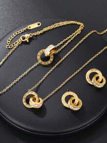 Stainless Steel Roman Numeral Rhinestone Inlaid Geometric Pendant Necklace, Bracelet And Earrings Jewelry Set, Suitable For Daily Wear And Gift