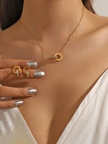 Stainless Steel Roman Numeral Rhinestone Inlaid Geometric Pendant Necklace, Bracelet And Earrings Jewelry Set, Suitable For Daily Wear And Gift