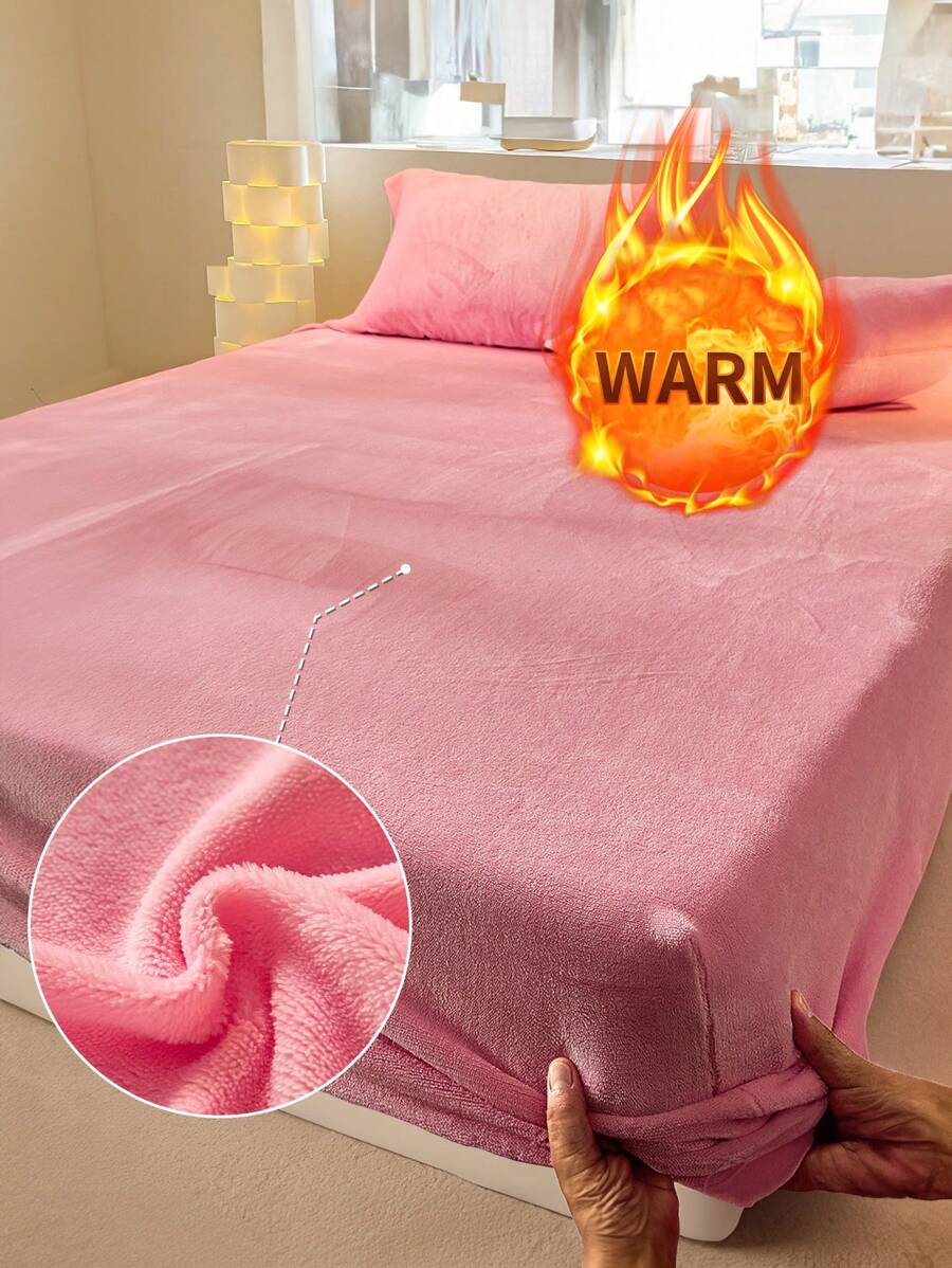 1pc Velvet Fitted Sheet, Bedding Set, Soft & Comfortable, Warm For Autumn/Winter, Deep Pocket Design, No Pillowcase, Dust & Slip Resistant, Machine Washable, Suitable For Bedroom, Dorm, Winter Decor - Pink - View 1
