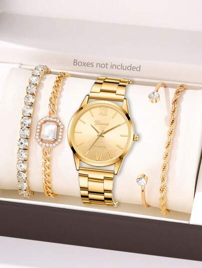 JasonRolls 5Pcs/Set, Women's Watch, Fashionable Luxury Business Gold Women's Steel Strap Watch, Alloy Material, Alloy Bracelet Set, Daily Wear Matching, Watch Bracelet Set, Gift For Women