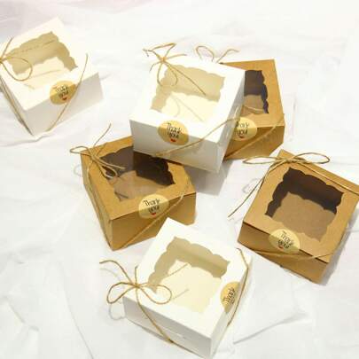 50个/包 - 150个（50个盒子 + 50张贴纸 + 50根绳子）牛皮纸烘焙盒，带展示窗口 - 适用于包装纸杯蛋糕、松饼和挞 - 包含麻绳和“谢谢”贴纸