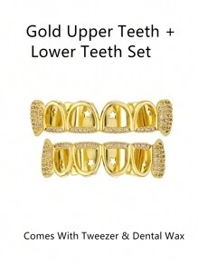 1pc/2pcs Hip Hop Style Vampire Hollow Teeth Grillz, Inlaid Shiny Zirconia 18K Gold Plated, Halloween Christmas Street Fashion Accessories, Comes With Tweezer & Dental Wax