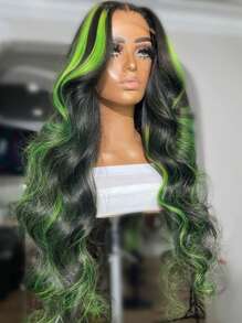 Parrucca frontale in pizzo con onde del corpo, capelli umani brasiliani colorati sfumati, 30-34 pollici, colore verde evidenziato, parrucca frontale in pizzo Remy pre-strappata per donne