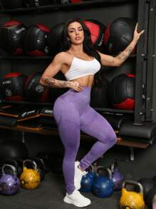 Seamless High Waist Butt Lifting Leggings Gym Yoga Sports Pants MY568 - 紫丁香色 - 查看 2