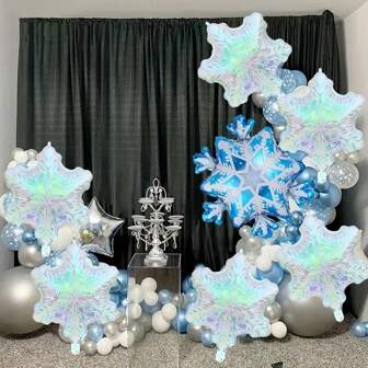 4 个彩色雪花铝箔气球，透明彩色雪花形气球，冰雪主题生日派对/圣诞装饰气球