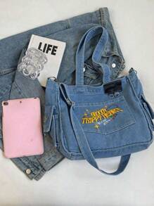 极简风格毛边字母设计牛仔帆布手提包，纯色大容量单肩包，适合女性日常使用、上班通勤、返校校园用品 - 寶藍色 - 查看 4