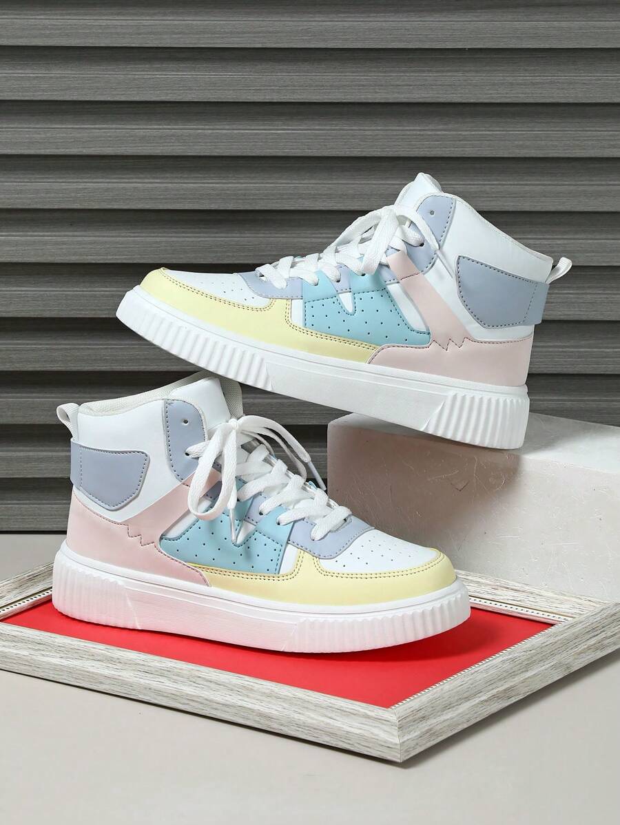 舒适透气时尚户外情侣休闲高帮滑板鞋,都市系列校园鞋,通勤,健身,旅行,圆头,低帮,拼色,多功能,节日礼物,女士运动鞋 - 彩色 - 查看 1