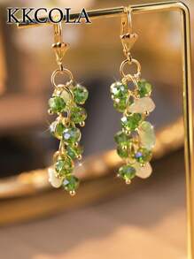 KKCOLA 1 对时尚绿色宝石和珠子耳环、派对珠宝、日常配饰（宝石和珠子设计位置随机排列） - 金黃色 - 查看 1