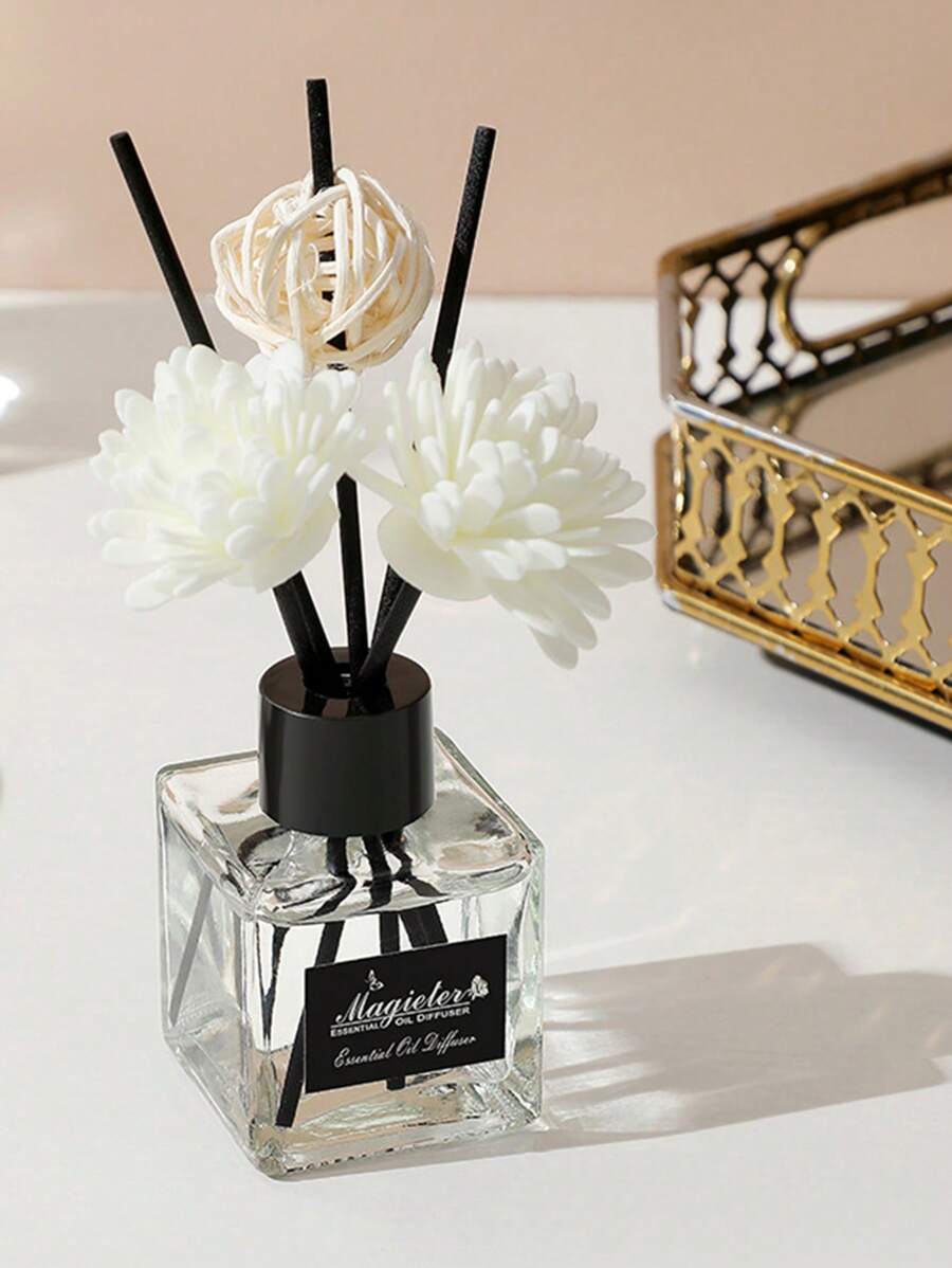 1.69oz Scented Reed Diffuser Set - Rectangle Glass Bottle With Rattan Sticks And Sola Flowers For Home, Indoor, And Bathroom - Long-Lasting Air Freshener, No Electricity Needed