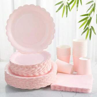 Light Pink Flower Petal Disposable Plates & Napkins, Light Pink Plates & Napkins Party Supplies Fit For 24 Guests, Disposable Paper Plates Party Tableware Suitable For Birthday, Wedding, Party, Family Picnic