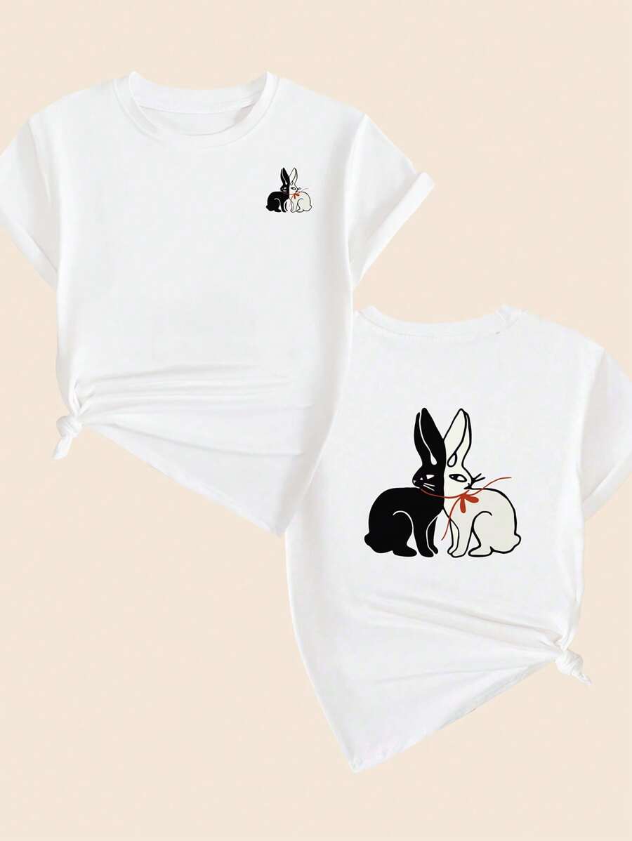White And Black Rabbit Print T-Shirt Premium Blouse Women's Fashion Comfort Casual T-Shirt - 白色 - 查看 1