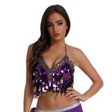 1pc Colorful Sequins Chest Wrapped Belly Dance Bra, Copper Gong Colored Diamond Stage Performance Top