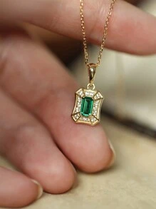 BALMORA 1 chiếc vòng cổ mặt dây chuyền vàng hình học pha lê hình vuông màu xanh lá cây bằng bạc Sterling S925 thanh lịch của Nhật Bản dành cho phụ nữ dây chuyền xương đòn sang trọng nhẹ nhàng trang sức hàng ngày - Vàng - Xem 3