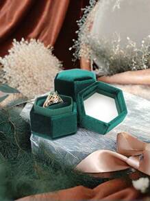 Caixa de veludo para alianças, caixa hexagonal para alianças com tampa removível, caixa de veludo para alianças, caixa para noivado e casamento, linda caixa vintage com dois compartimentos para alianças, pedido de casamento, noivado e cerimônia de casamento (branca) Volta às aulas - Multicolorido - Ver 3
