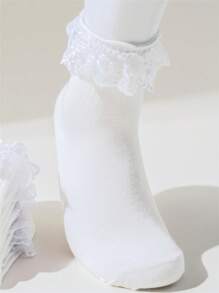 1/4 pares/set Calcetines con volantes de tripulación de color blanco liso, cómodos, con diseño de encaje y ribete para mujeres