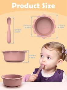 2-Piece Silicone Baby/Infant Feeding Bowl Set With Cat Design, Includes Silicone Spoon, Suction Cups, Microwave & Dishwasher Friendly, Suitable For Home Use - Mauve Purple - View 5