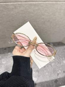 1 pieza Gafas de mujer con marco ovalado rosa y lentes tintadas, accesorios de moda alegres y lindos para uso en exteriores, viajes, excursionismo, regreso a la escuela, vida diaria, fotografía callejera, accesorios de playa, ropa de mujer de otoño e invierno, negocios casuales, regalos para vacaciones de verano, playa, exteriores, viajes