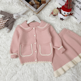 WUHUANG YIYI 2 件/套女孩可爱拼色彼得潘领开衫和裙子套装，适合外出休闲装，秋冬季