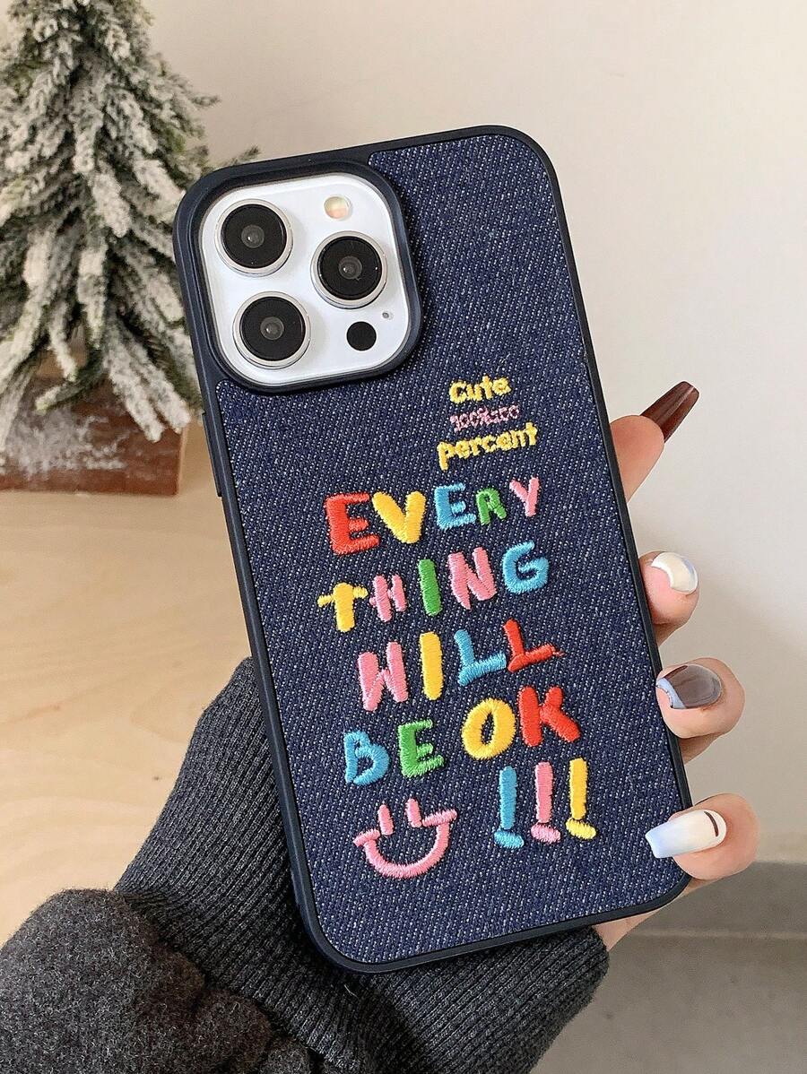 Slogan Fashionable Colorful Letter Denim Embroidered Anti-Drop Phone Case Compatible With Apple Phones