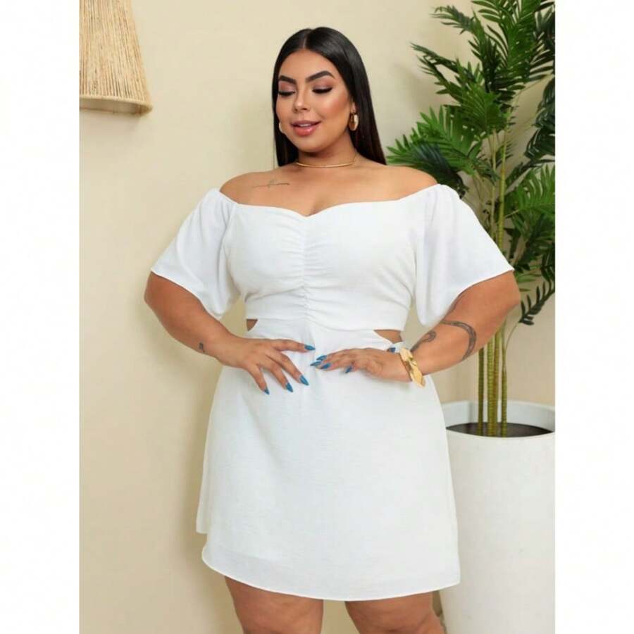 Plus Size Summer Off-The-Shoulder Jumpsuit Dress Various Colors - 白色 - 查看 1