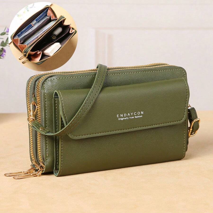 Large Capacity Dual Zipper Wallet Crossbody Phone Bag, Portable Handbag Clutch Purse For Credit Card, Cash, Phone, Business, Commute, Travel, Gift For Teacher, Office, Anniversary, Birthday, Valentine's Day, White Collar Women - Dark Green - View 1