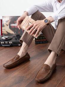 SHOESMORE Men's Stitch Detail Darkbrown Loafers Casual Slip On Penny Loafer Lightweight Driving Shoes Flat Boat Shoes - AMY802A-darkbrown - 查看 4