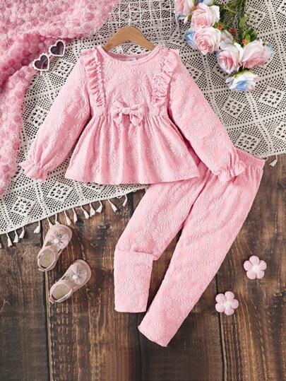 Girls 2pcs Set, Soft Skin-Friendly Material, Textured Fabric, Long Sleeve Top And Pants Set, Skirt Top And Legging Set, Suitable For 4-7 Years Old, Autumn/Winter