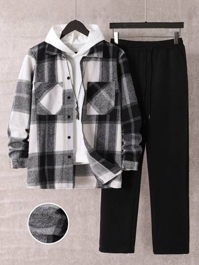 2 peças masculinas outono grosso xadrez manga comprida camisa e cordão solto calças conjunto