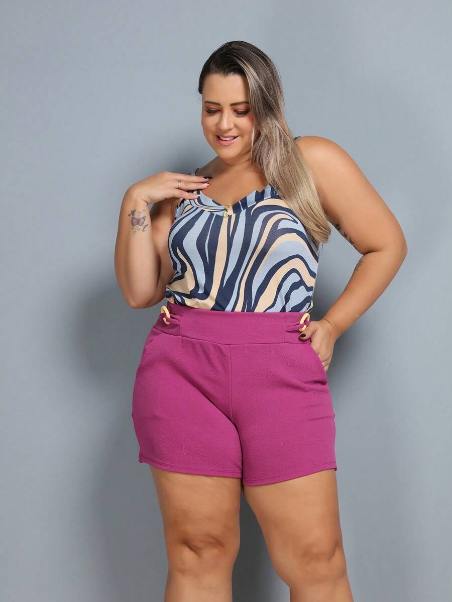 Women's Plus Size Printed Set With Crepe Lycra Shorts Summer - Roxo - 查看 1