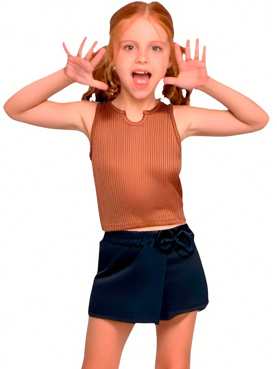 Children's Set For Girls Consisting Of A Ribbed Tank Top And A Short Skirt - Óxido marrón - Ver 1