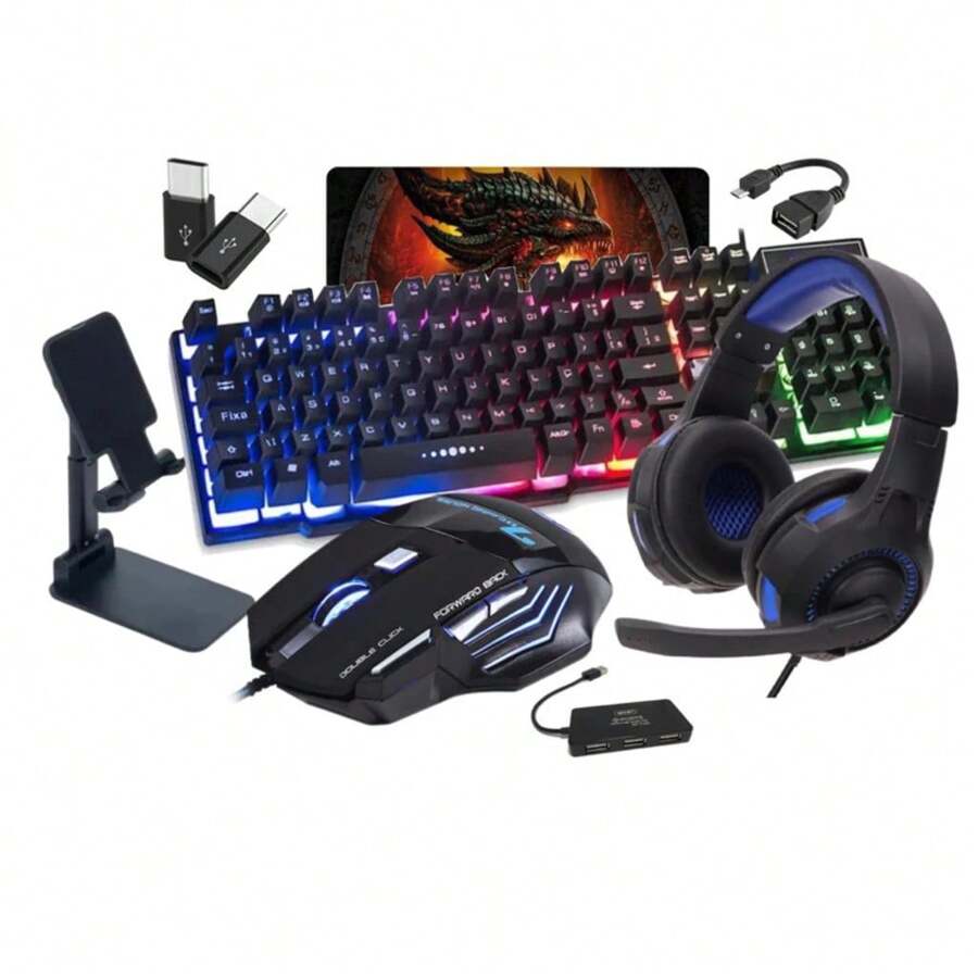 Teclado Led E Mouse Gamer + Kit Cel Mobilador Compreto+ Headset Para Celular - Preto - Visão 1