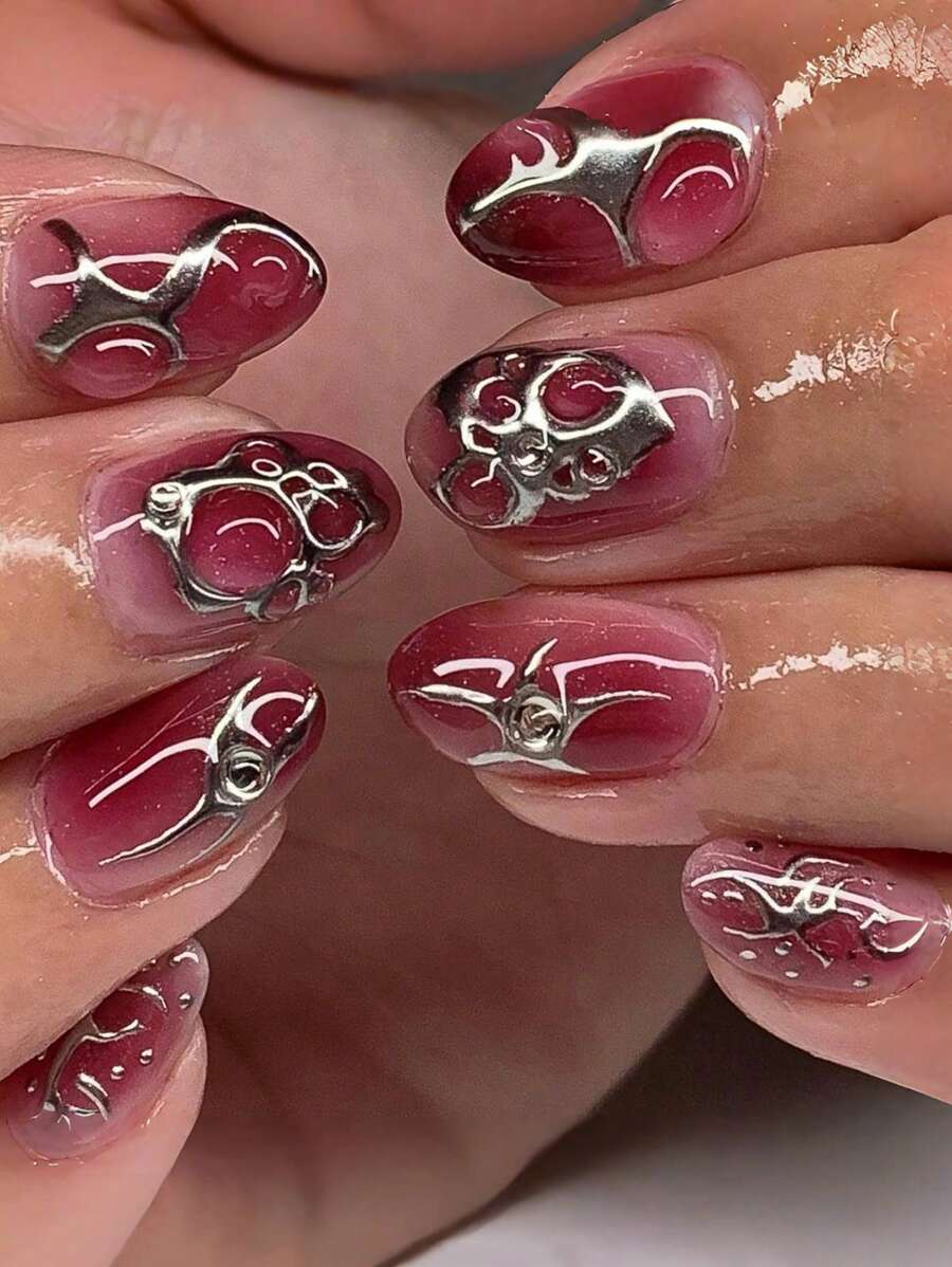 24 件/套 短芭蕾类型 朋克风格 光环渐变 3D 花朵 银色火焰 个性化假指甲 可拆卸全覆盖假指甲贴片 按压式美甲用品 适合学生、办公室女士、派对和日常佩戴 全覆盖假指甲贴片 + 1 件果冻胶 + 1 件指甲锉 装饰你的指甲 提升你的时尚品味指甲 - 彩色 - 查看 1