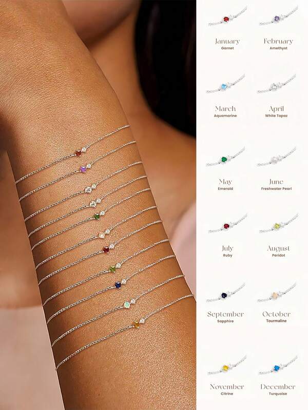 1pc 925 Sterling Silver Minimalist 12 Birthstone Bracelet For Women's Daily Wear(Thin Chain Bracelets)