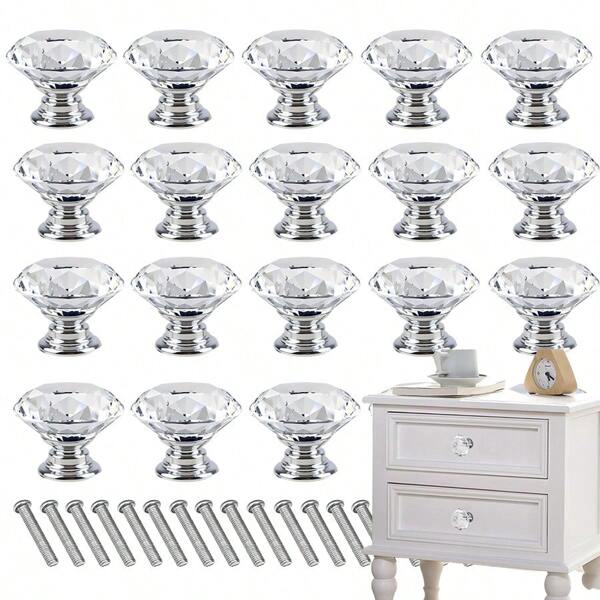 20 piezas 30mm Manija de cajón de cristal con forma de diamante, manija de gabinete